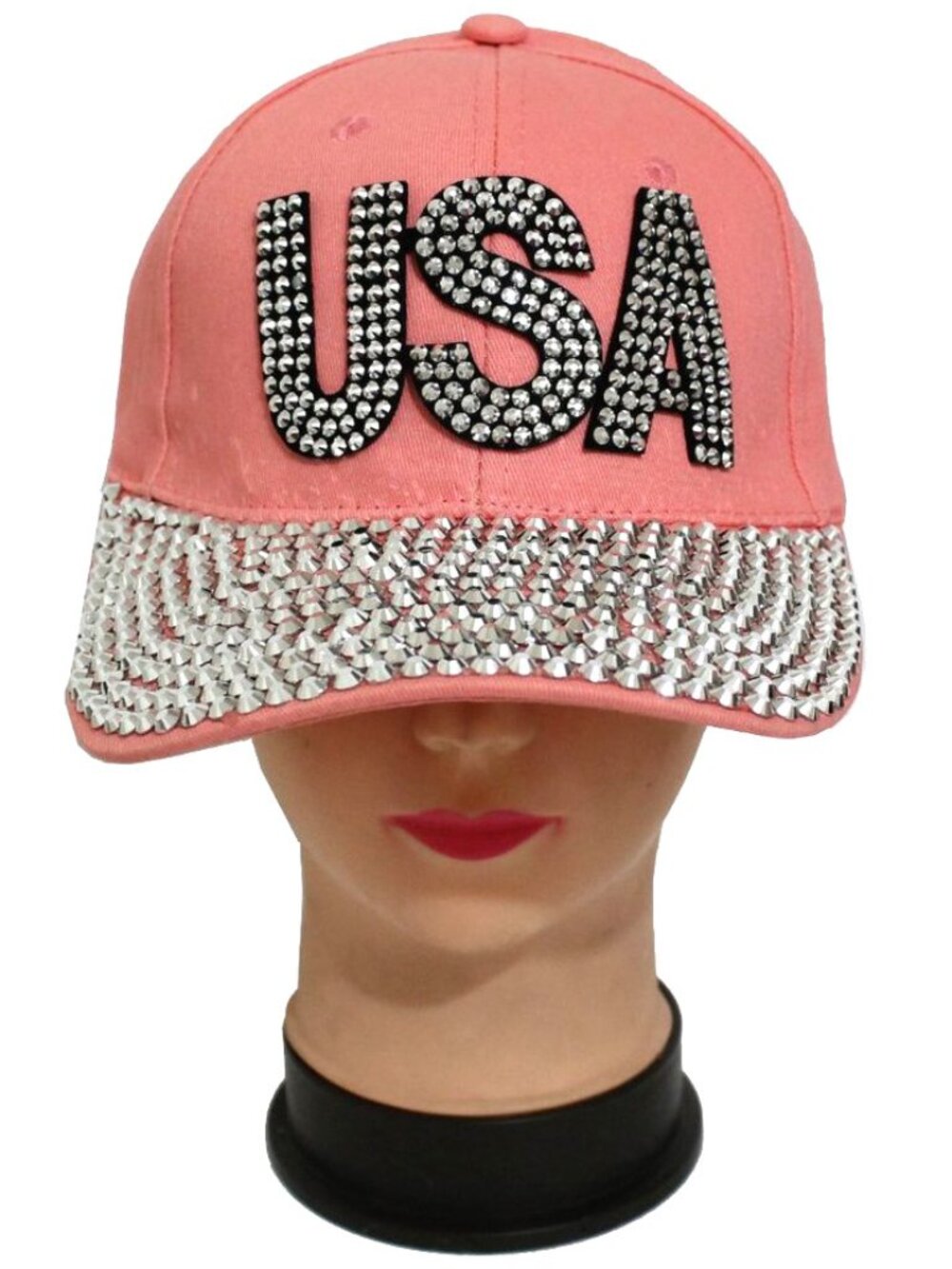 Women Fashion USA Rhinestones Bling Bling Studs Cotton Baseball Cap - Pink